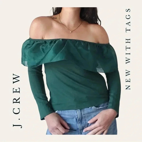 1245.‎ J.CREW OFF SHOULDER LONG SLEEVE TOP GREEN IN COLOR SIZE SMALL NWT - Picture 1 of 9